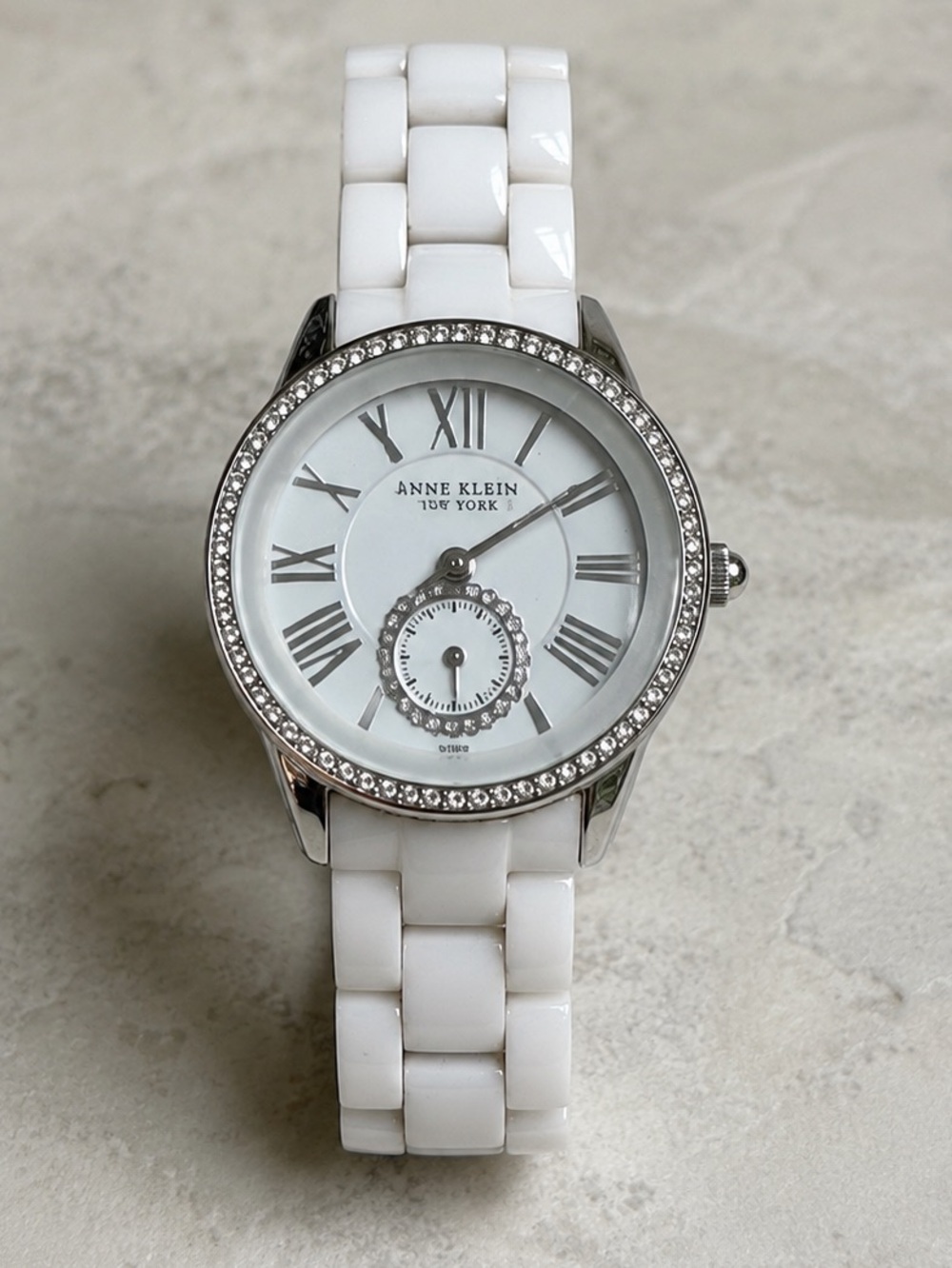 Anne Klein White Ceramic Crystal Bezel Watch 12/2199WTWB Quartz Working